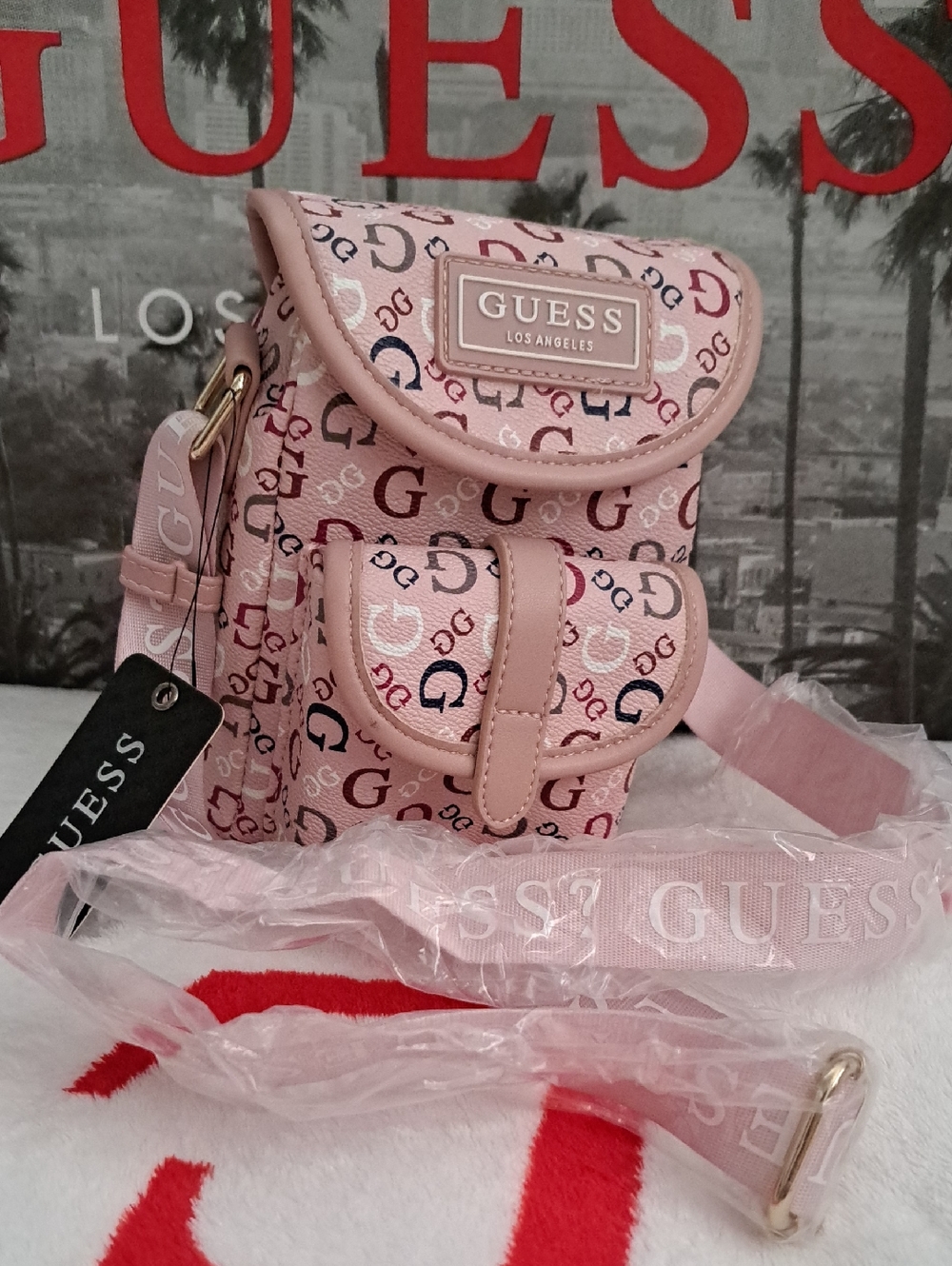 GUESS Pink Logo Monogram Crossbody Bag with Navy Accents